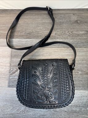 Patricia Nash Black Hand-Tooled Floral Crossbody Bag